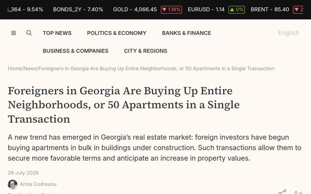 Foreign Investors Acquire Bulk Real Estate in Georgia as Prices Surge